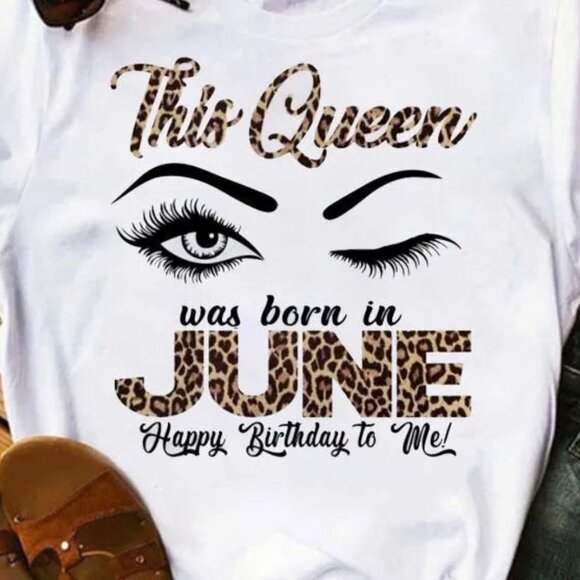JUNE Birthday Queen Leopard Letter Print Short Sleeve Women's T-Shirt  Large - Picture 1 of 2